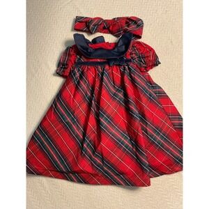 Max Studio Kids Girls Red Plaid Dress with Navy Trim and  Headband Size 6-9M